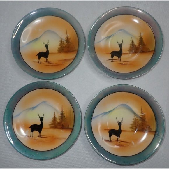 Art Deco lusterware Saucer plate deer silhouette Lot of 4 Vintage Hand Painted - Picture 1 of 5
